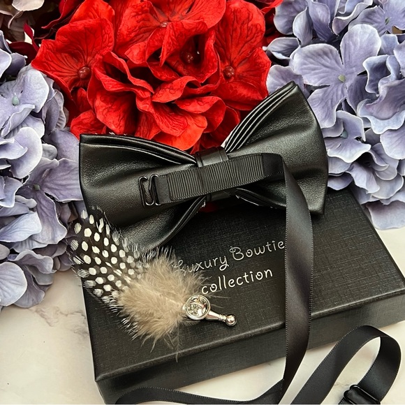 Handmade Black and White Feather Bow Tie Boutonnière Lapel Pin Set - Picture 11 of 16